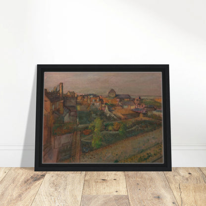 A high view of Saint-Valéry-sur-Somme with rooftops, gardens, and distant water under a pale sky.