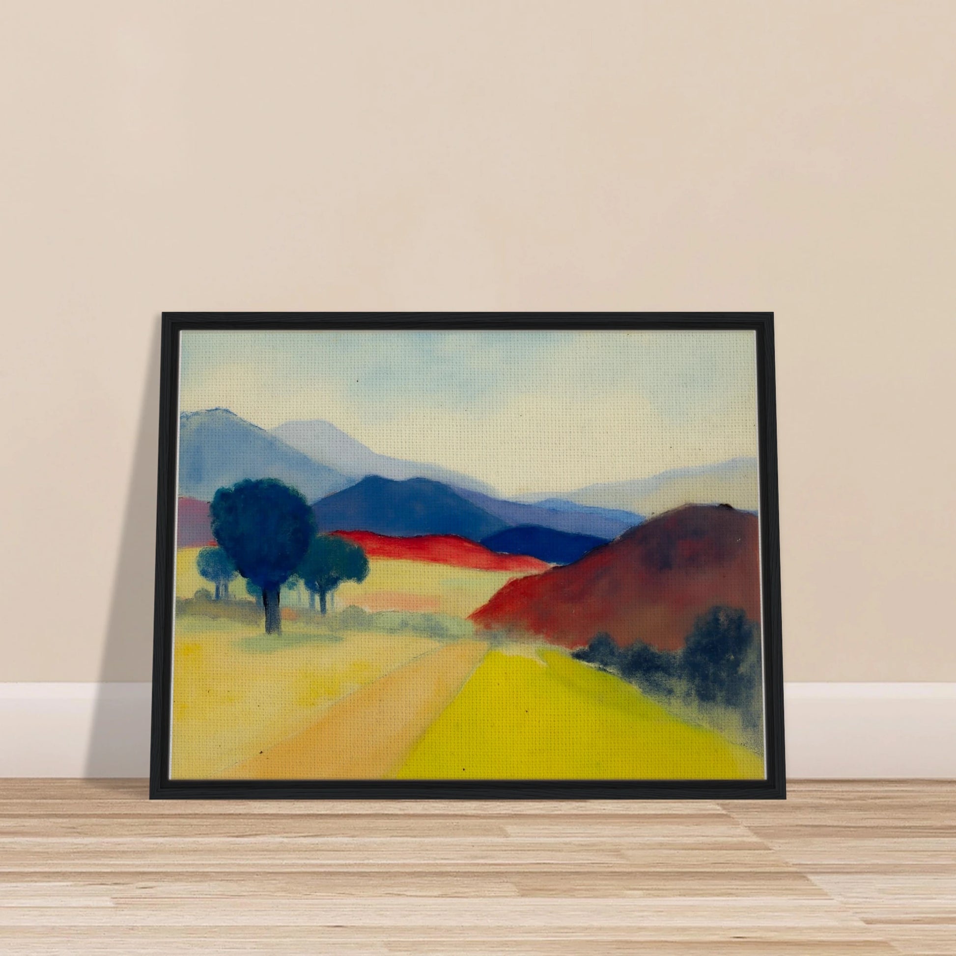 A serene expressionist landscape featuring a pale country road winding through golden fields, deep blue trees, crimson hills, and layered mountains fading into the distance beneath a soft sky.