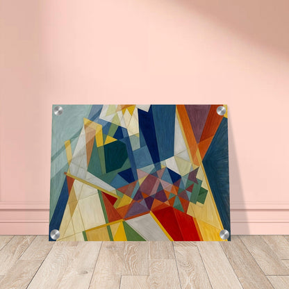 An abstract painting showcasing intersecting geometric shapes in vibrant colors, creating a harmonious and dynamic composition.