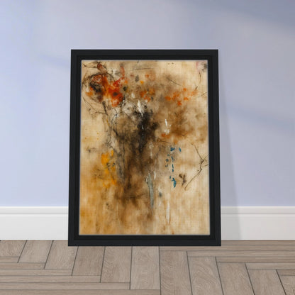 An expressive abstract painting featuring gestural lines, smoky textures, and warm earth-toned washes. Hints of a human-like form emerge from layered marks of black, rust, cream, and subtle blue against a parchment-colored background.
