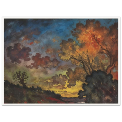 Fiery autumn trees glow beneath a deep blue sky as dark clouds drift across a fading landscape.