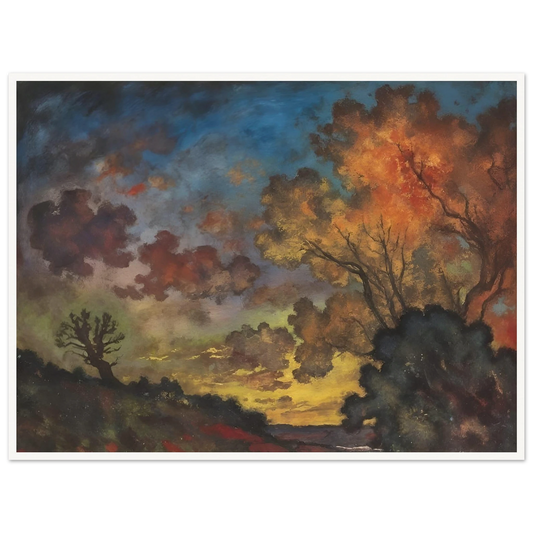 Fiery autumn trees glow beneath a deep blue sky as dark clouds drift across a fading landscape.