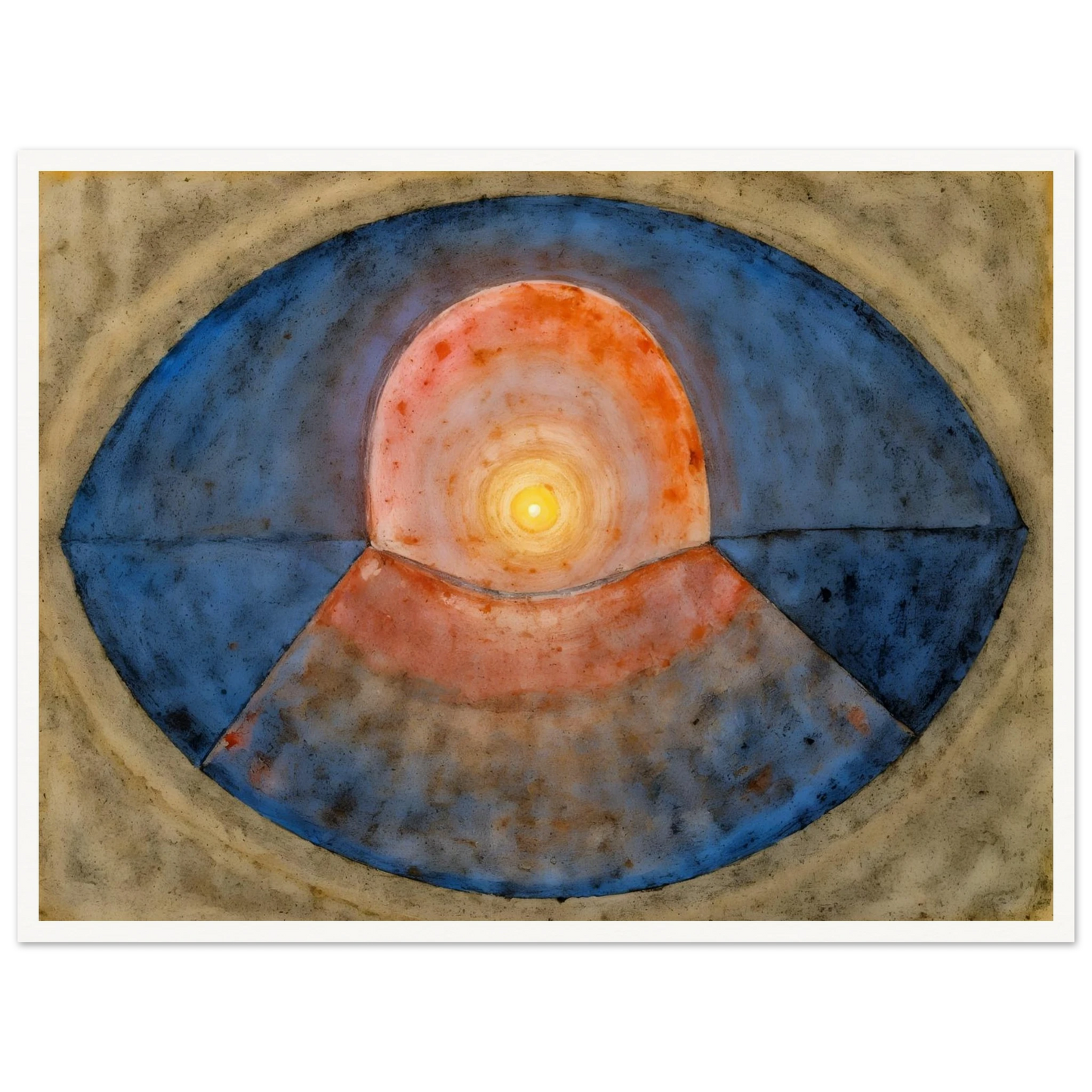 A symbolic abstract painting featuring concentric geometric forms resembling an eye or portal. Deep blue arcs surround a glowing golden center, creating a meditative composition of balance, light, and contemplation