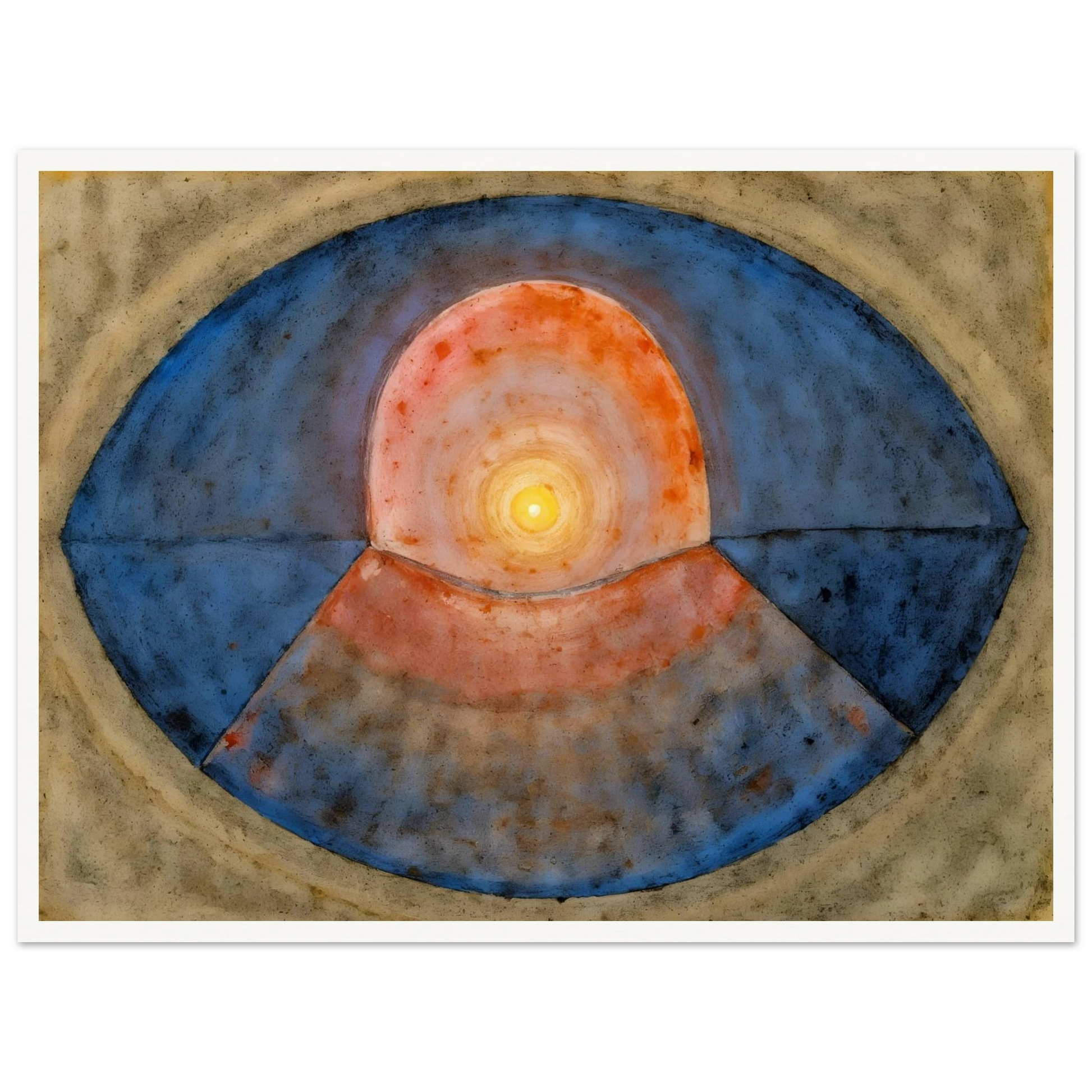 A symbolic abstract painting featuring concentric geometric forms resembling an eye or portal. Deep blue arcs surround a glowing golden center, creating a meditative composition of balance, light, and contemplation