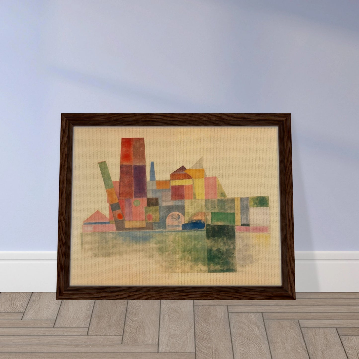 A pastel-toned cityscape made of overlapping geometric blocks in soft reds, greens, yellows, and blues against a beige backdrop.