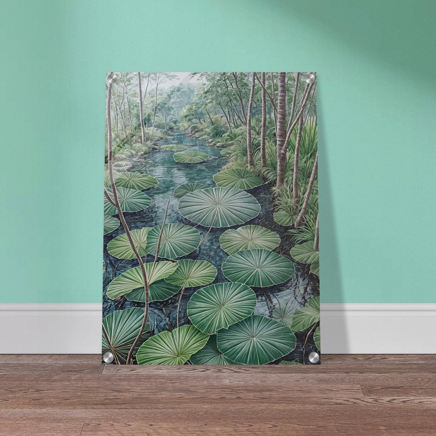 A serene painting of a lush green pond filled with large lotus leaves, surrounded by tall trees and dense foliage.