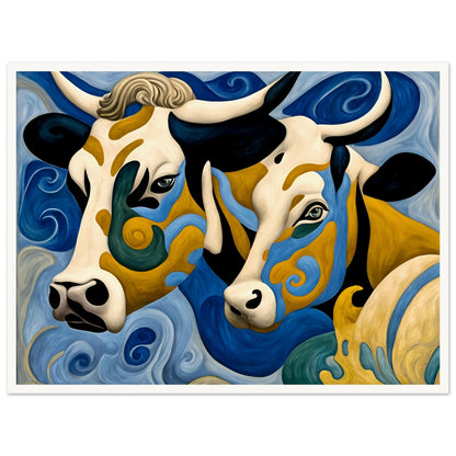 A surreal painting of two cows with intricate swirling patterns of blue, gold, and black, blending into a flowing, dreamlike background.