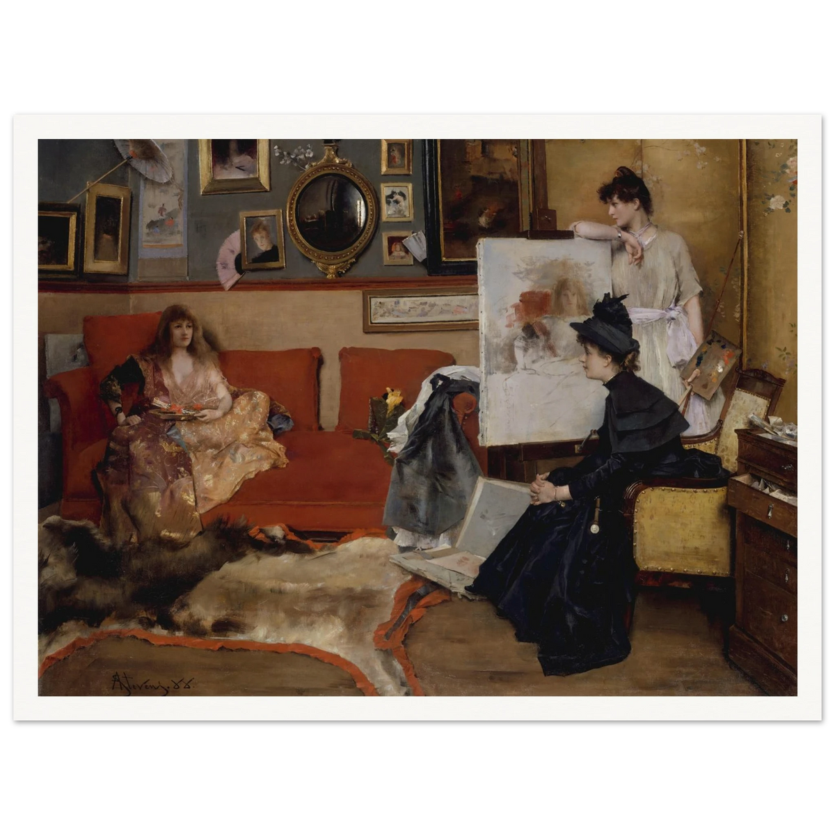 Three women gather in an artist’s studio with an easel, red sofa, framed pictures, and scattered art materials.