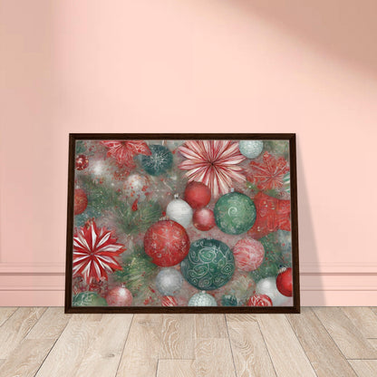 A vibrant festive artwork featuring red, green, and white Christmas ornaments, delicate floral patterns, and evergreen branches, evoking holiday cheer.

