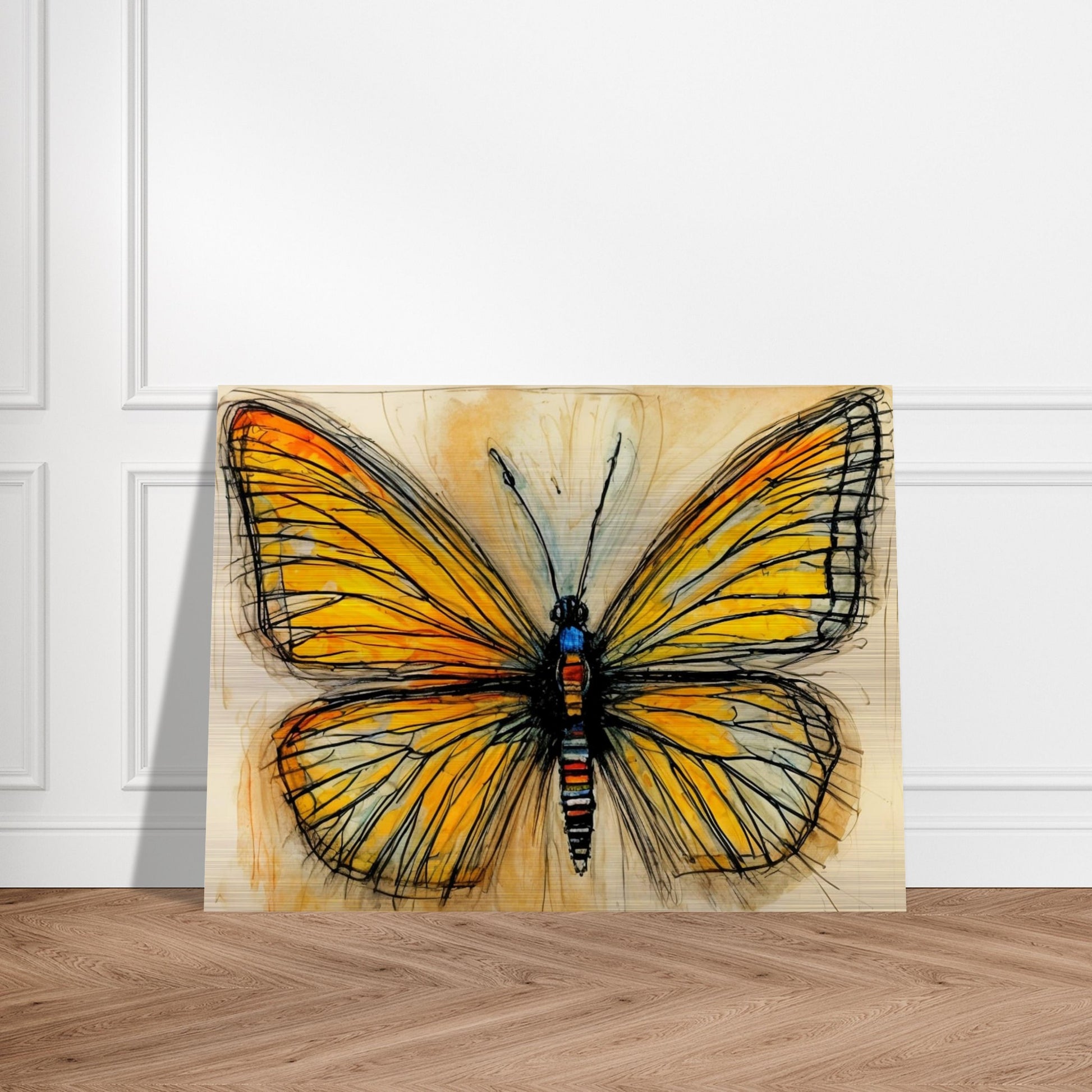 A striking illustration of a butterfly with bold black outlines and golden-yellow wings, detailed with subtle orange and blue accents, evoking transformation.