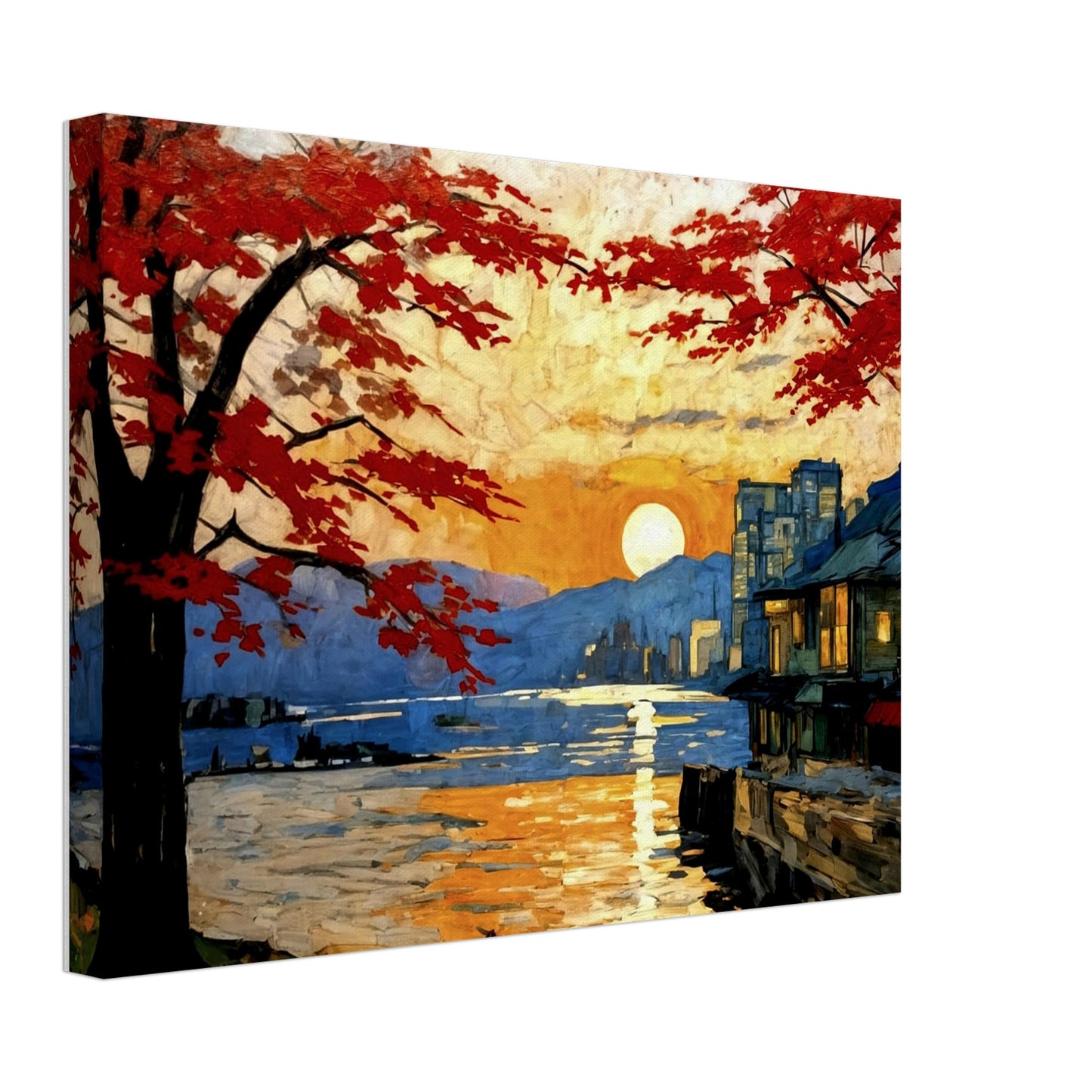 A serene sunset scene with vibrant red trees framing a peaceful waterfront, reflecting golden hues, and a distant cityscape in the background