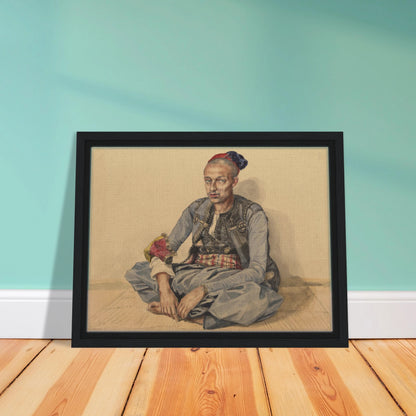 Seated artisan from Algiers in blue robes and a red cap, wearing a patterned sash and ornate accessories.