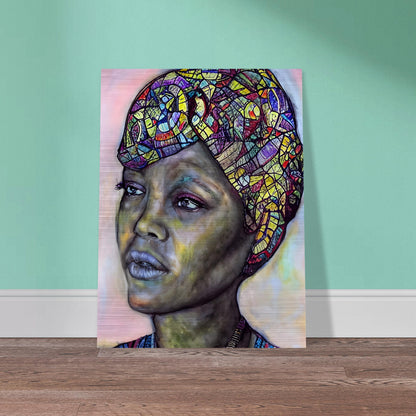 A striking portrait of a woman with a vibrant, mosaic-patterned headwrap, deep expressive eyes, and a contemplative gaze against a soft-toned background.