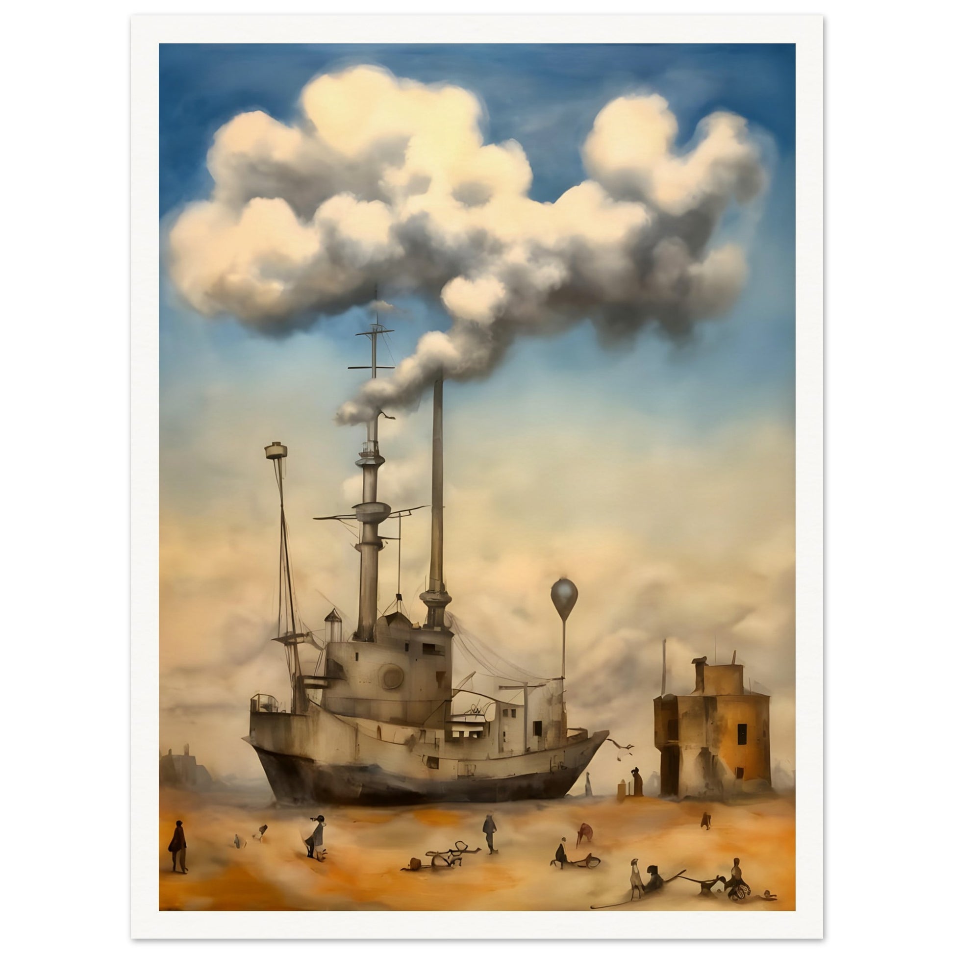 A surreal painting of a ship stranded in a desert, with smokestacks blending into massive, fluffy clouds, as small figures wander the sandy landscape beneath a dreamy sky.