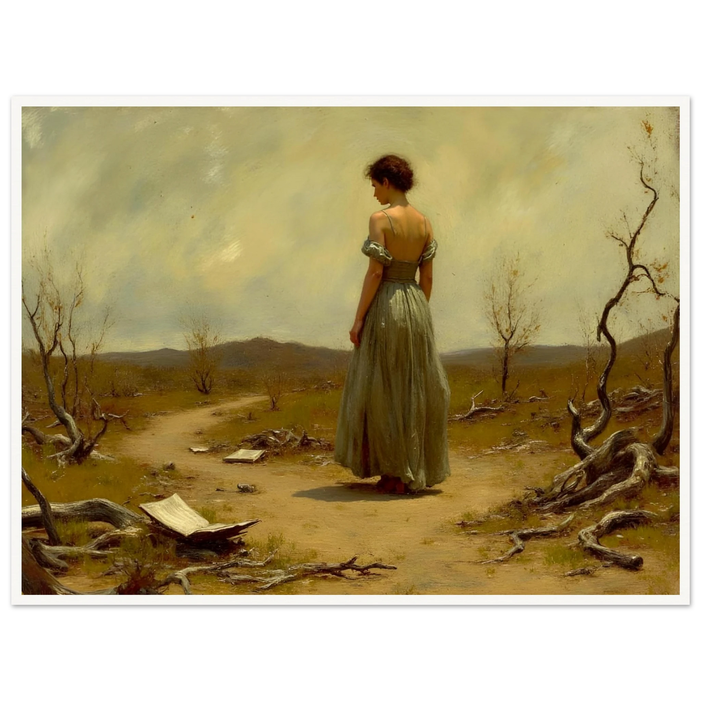 A woman in a flowing dress walks along a desolate path scattered with paper and twisted trees beneath a muted sky.