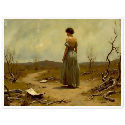 A woman in a flowing dress walks along a desolate path scattered with paper and twisted trees beneath a muted sky.