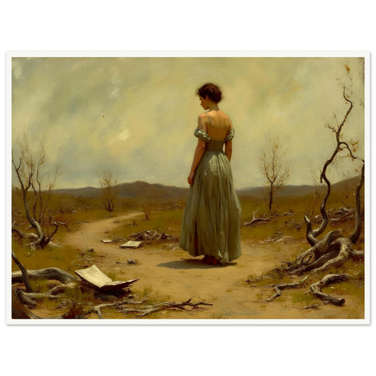 A woman in a flowing dress walks along a desolate path scattered with paper and twisted trees beneath a muted sky.