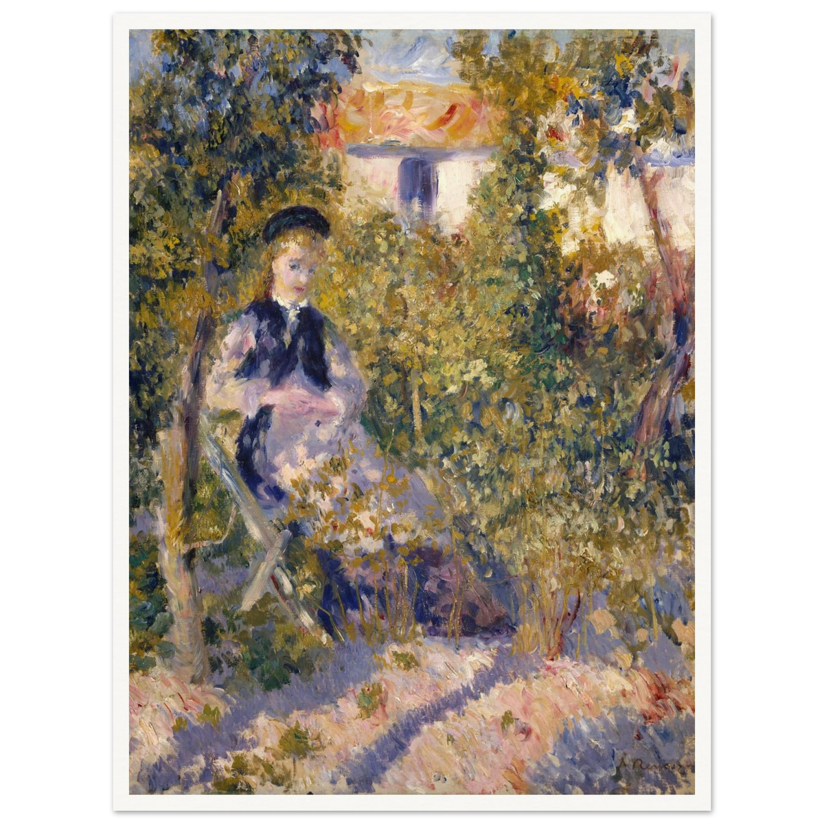 A woman sits in a flower-filled garden, surrounded by loose, colorful brushstrokes.