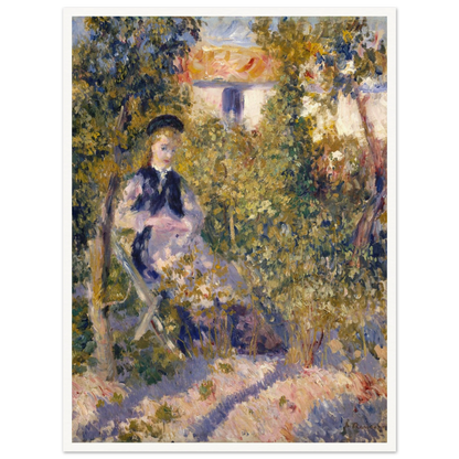 A woman sits in a flower-filled garden, surrounded by loose, colorful brushstrokes.