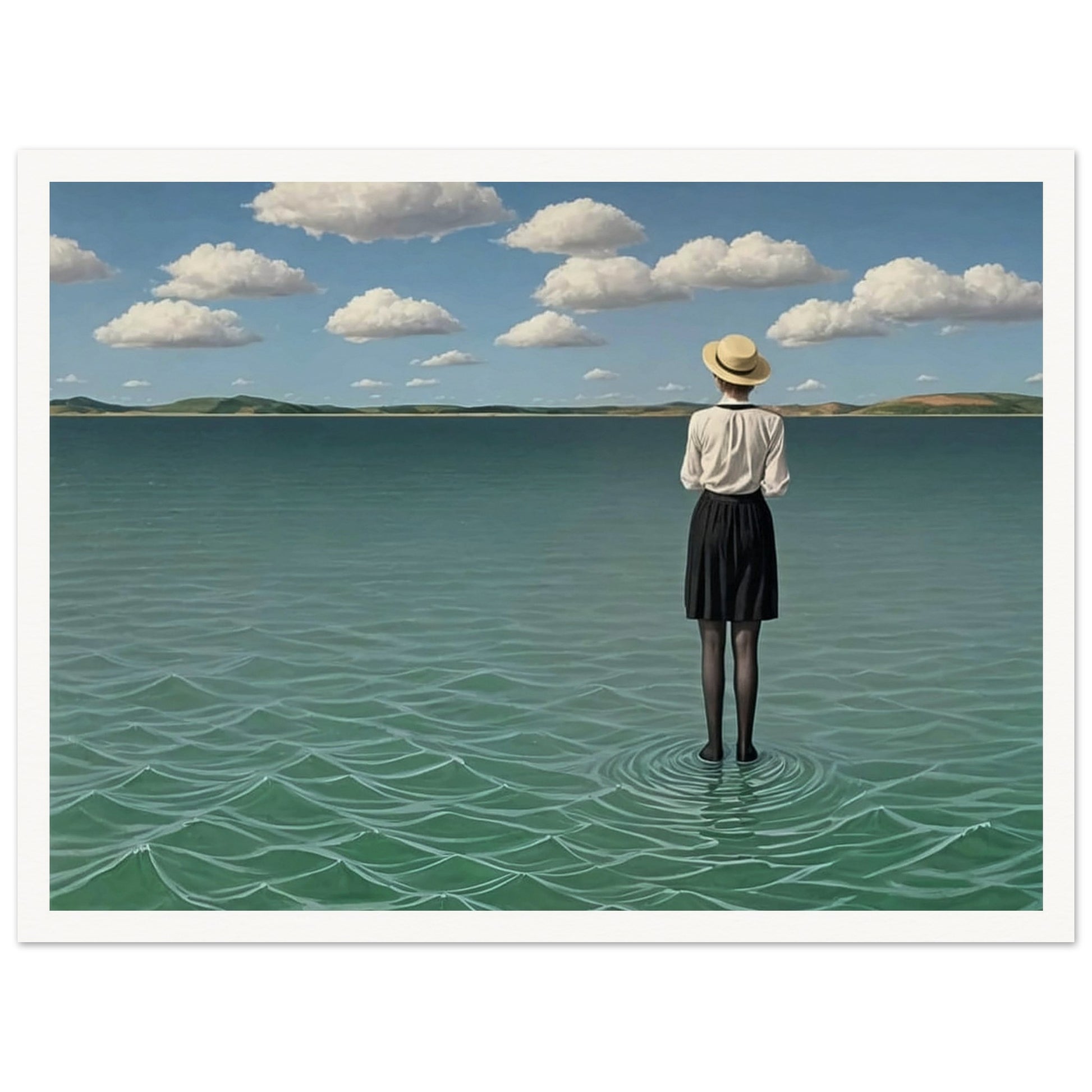 A painting of a woman standing alone in the middle of a calm, vast body of water under a blue sky with scattered clouds.