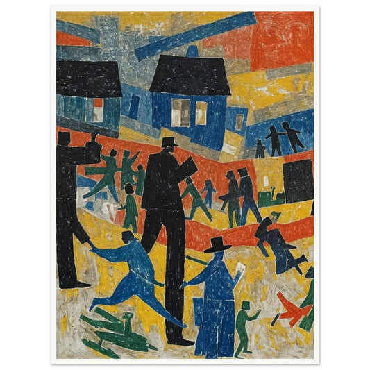 An abstract painting depicting a lively village scene with colorful houses and stylized figures in motion.