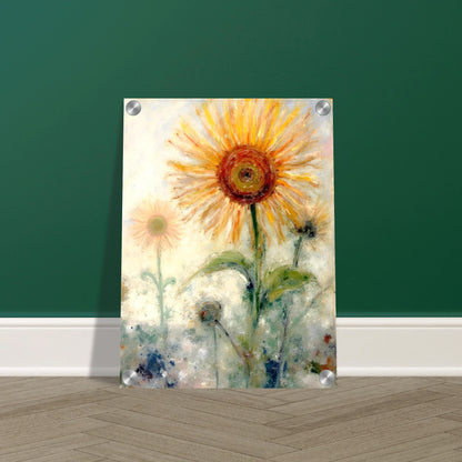 A luminous sunflower radiates warmth and hope, its golden petals glowing softly against a misty pastel background.