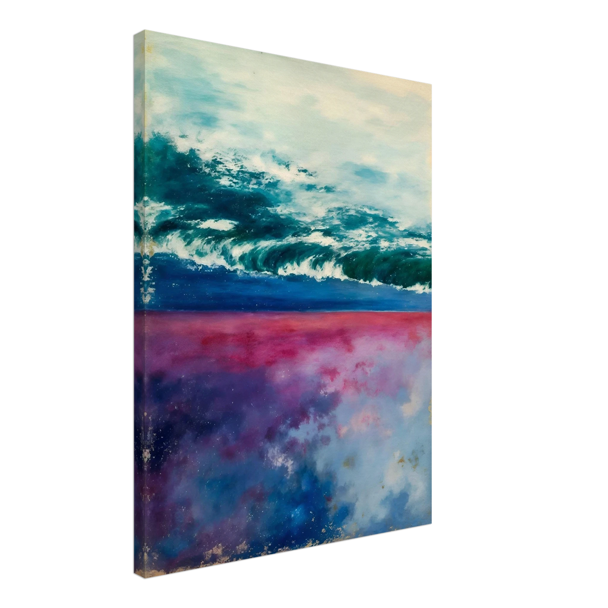 Teal ocean waves roll beneath a pale sky, with pink and blue reflections glowing below.