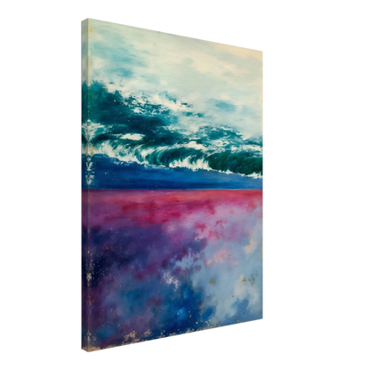 Teal ocean waves roll beneath a pale sky, with pink and blue reflections glowing below.
