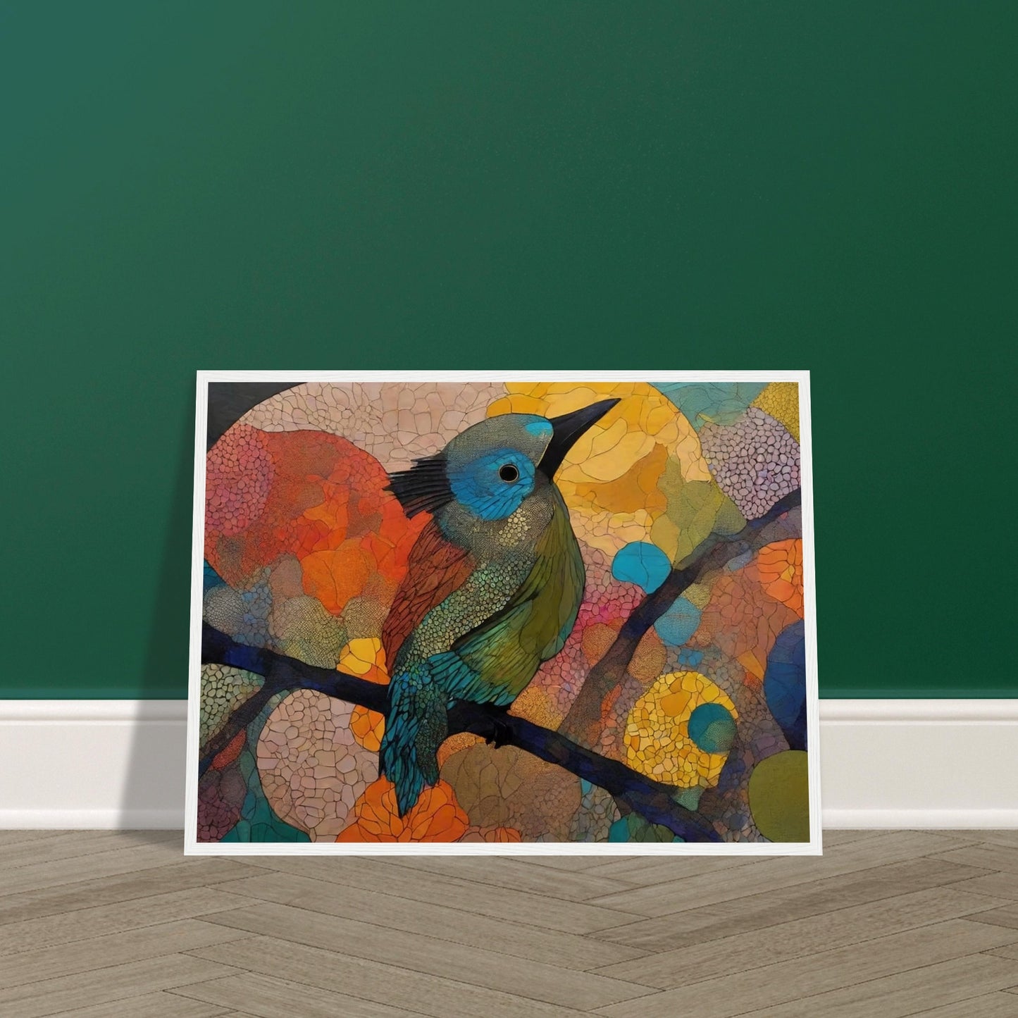 "A stunning painting of a bird perched on a branch, filled with vibrant hues of blue, green, and orange, surrounded by abstract, colorful patterns in the background."