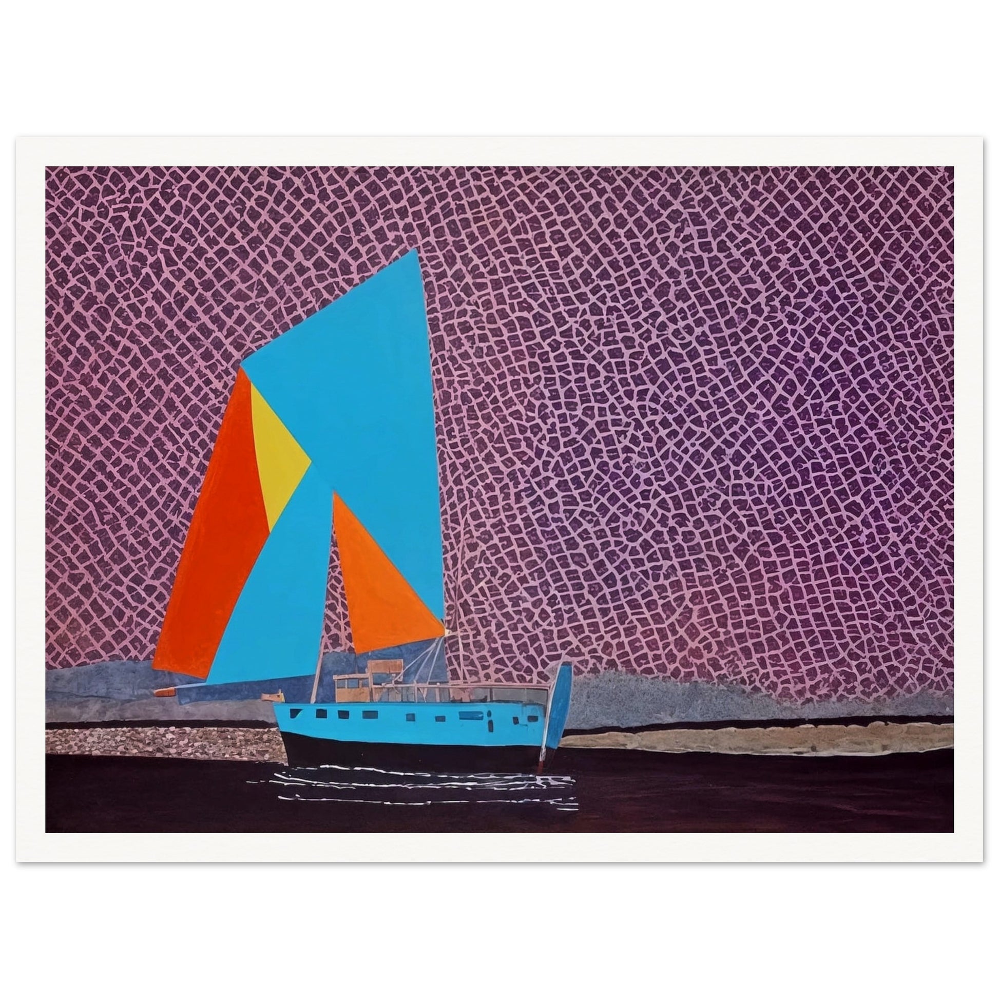 A sailboat with bright, geometric sails of blue, orange, and yellow floats on dark waters beneath a purple, textured sky, evoking adventure and vibrancy.