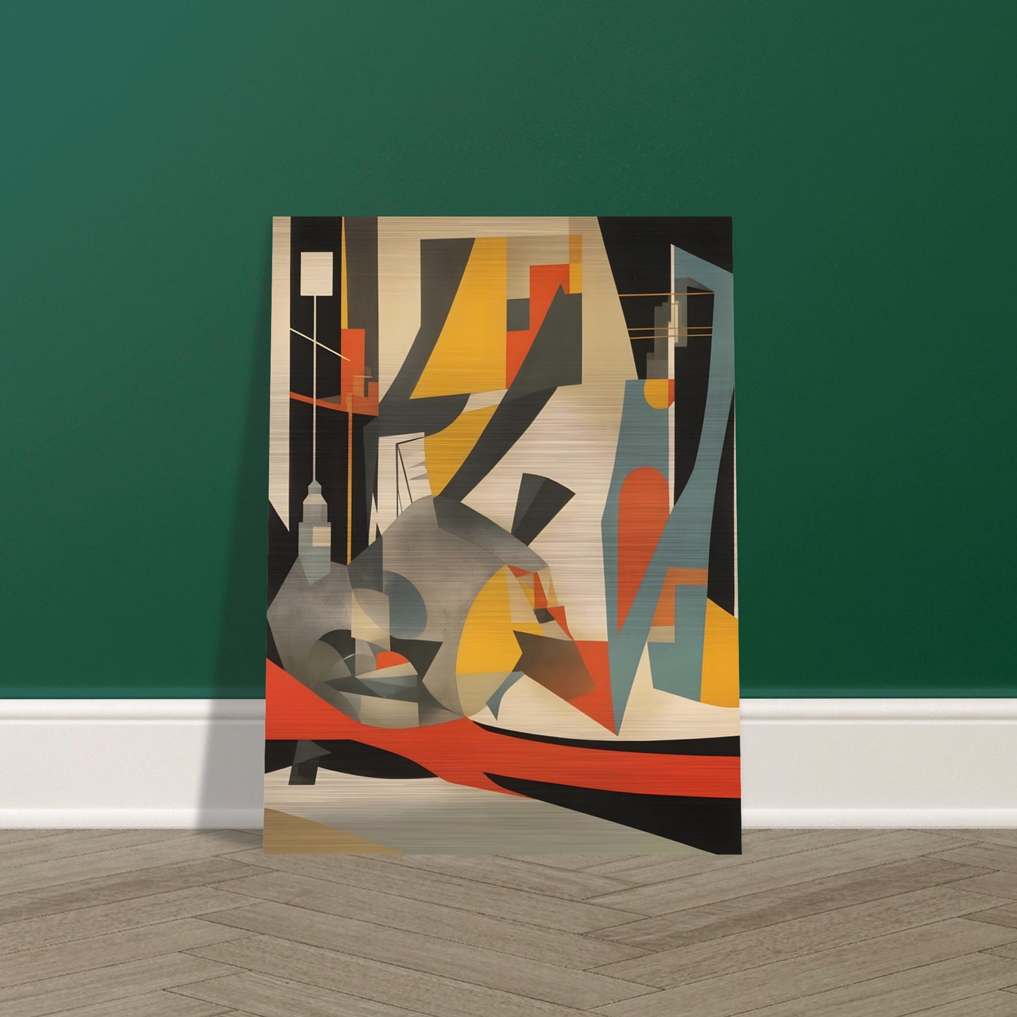 A striking composition of angular urban forms with muted teal, mustard, orange, and black, capturing the energy of city life.