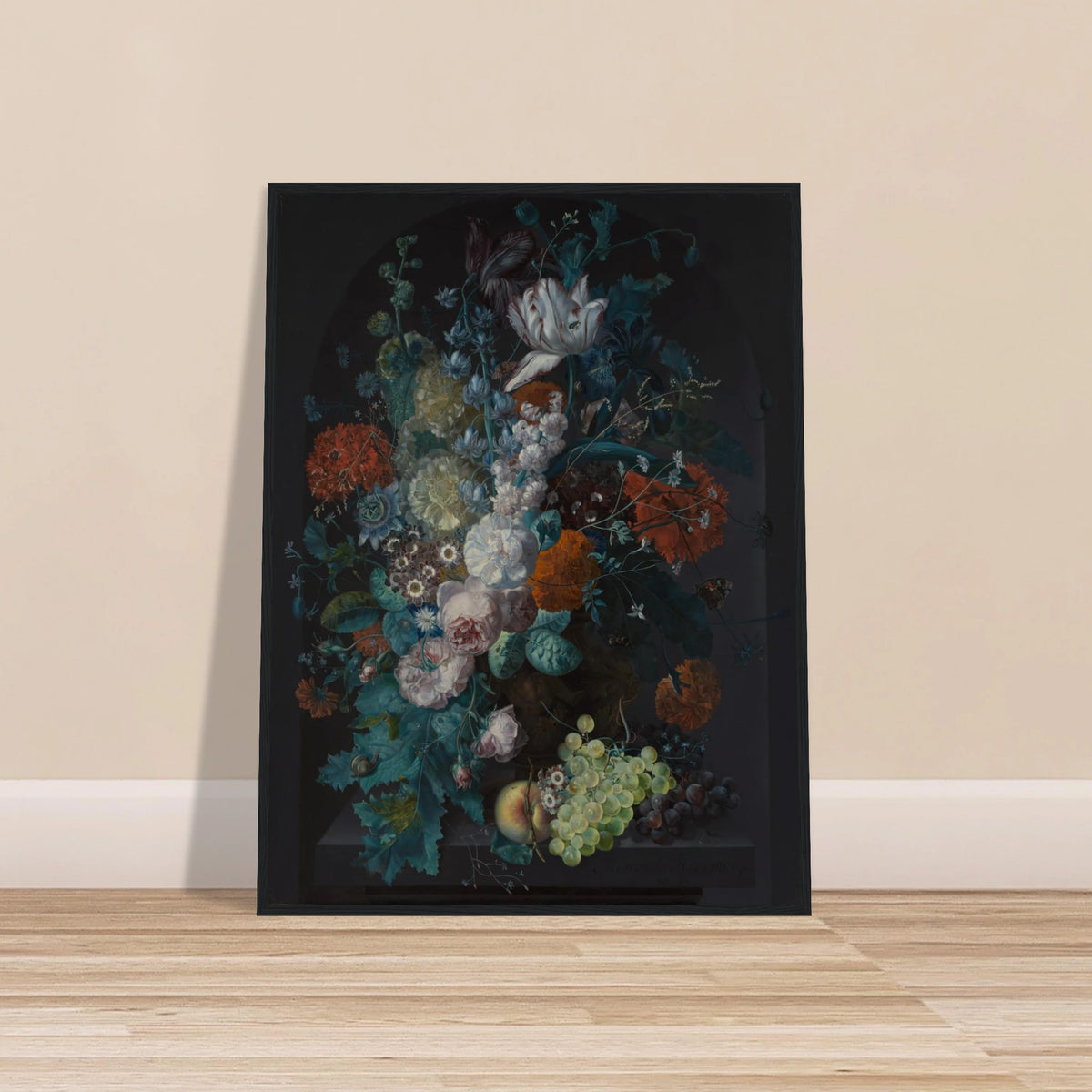 Lavish bouquet of tulips, roses, and peonies with grapes and peaches against a dark background.