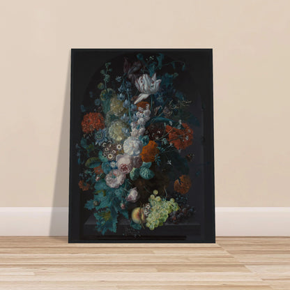 Lavish bouquet of tulips, roses, and peonies with grapes and peaches against a dark background.