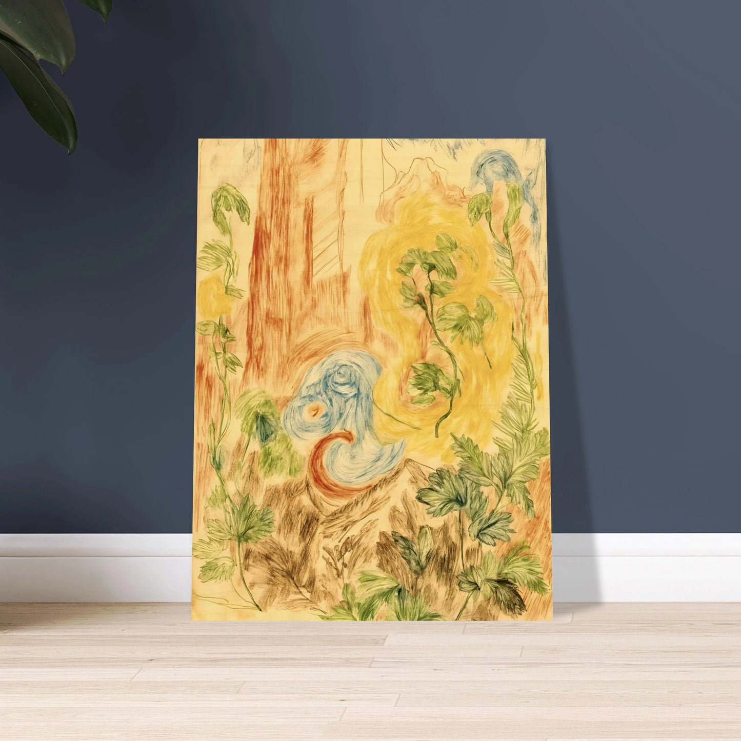 Delicate botanical sketches and flowing abstract forms intertwine in soft greens, golds, and blues across a dreamlike woodland-inspired composition.
