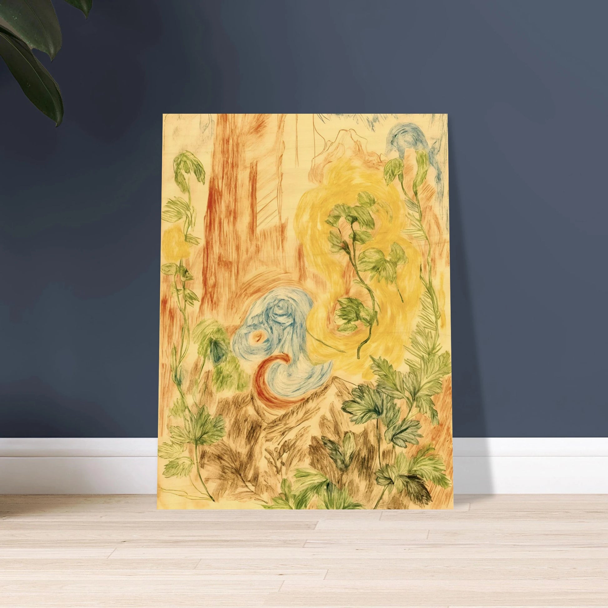 Delicate botanical sketches and flowing abstract forms intertwine in soft greens, golds, and blues across a dreamlike woodland-inspired composition.