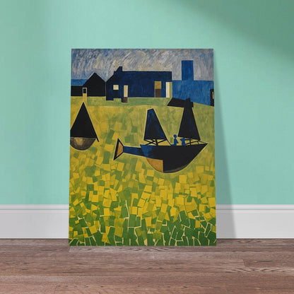 A vibrant abstract painting featuring stylized boats with dark sails floating on a sea of yellow and green geometric patterns, set against a backdrop of blue houses and a tower under a textured sky.