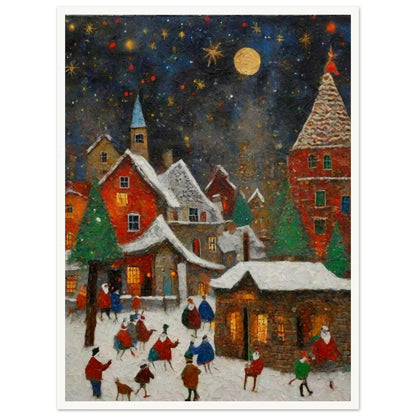 A cozy village at night, illuminated by a golden moon and stars, with snow-covered rooftops, evergreen trees, and people enjoying festive activities.