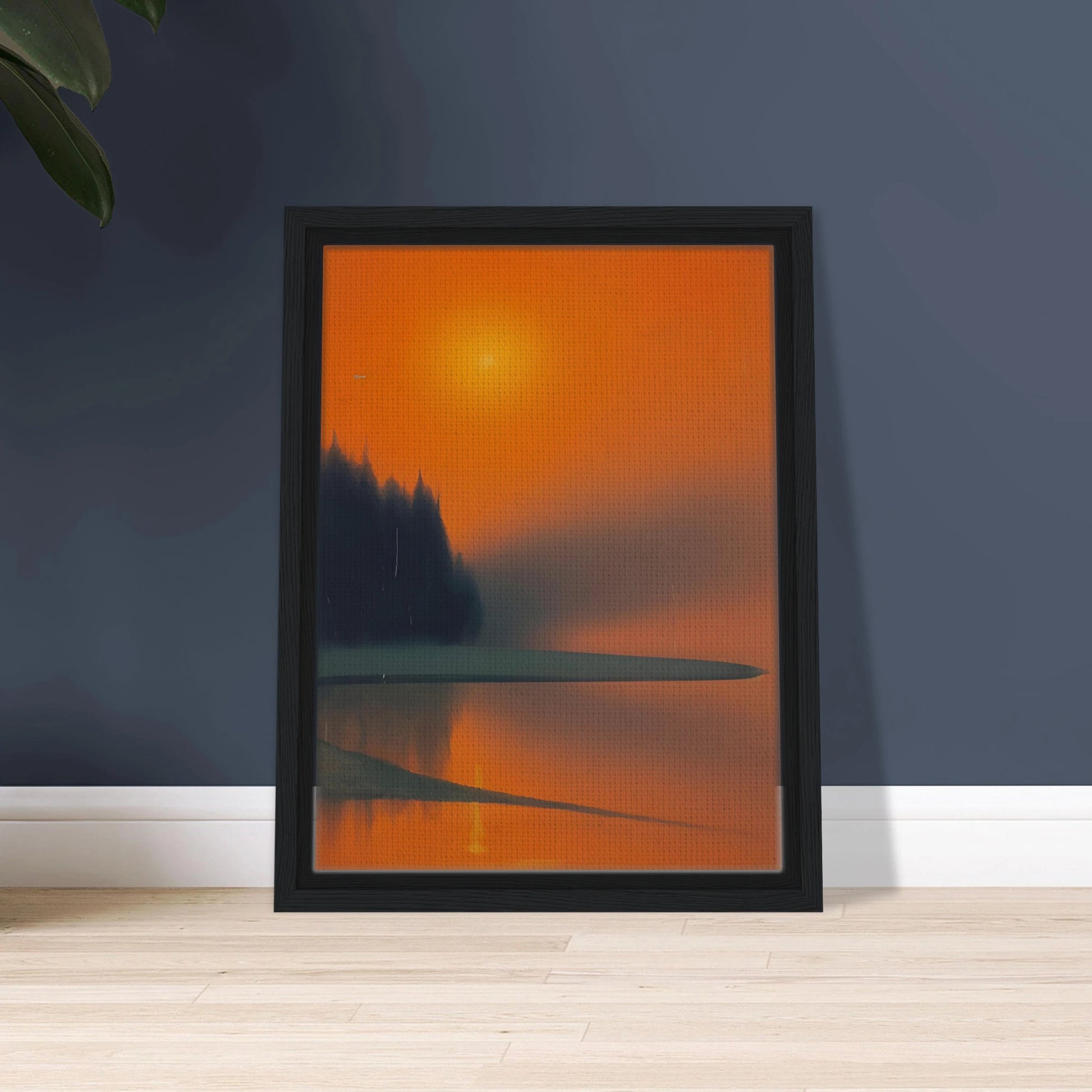 A misty lakeside at sunset, glowing in deep orange and shadowed green tones, evoking quiet beauty and fading warmth.