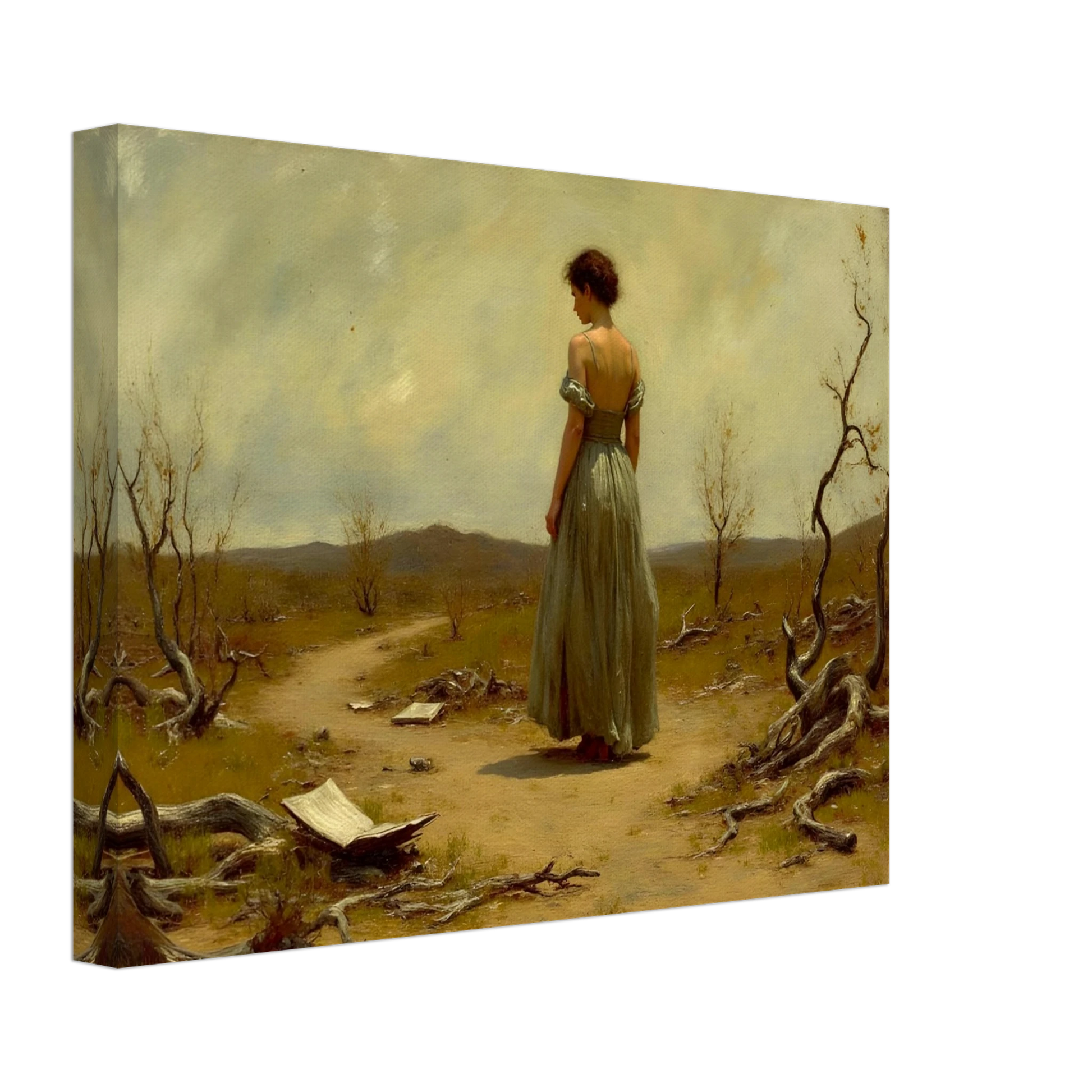 A woman in a flowing dress walks along a desolate path scattered with paper and twisted trees beneath a muted sky.
