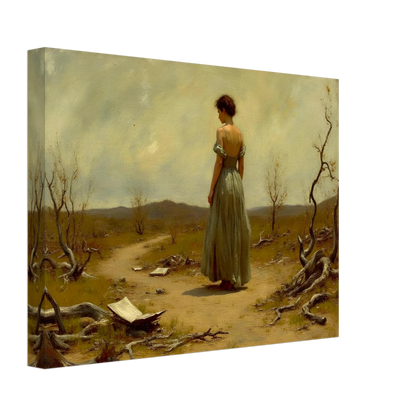 A woman in a flowing dress walks along a desolate path scattered with paper and twisted trees beneath a muted sky.