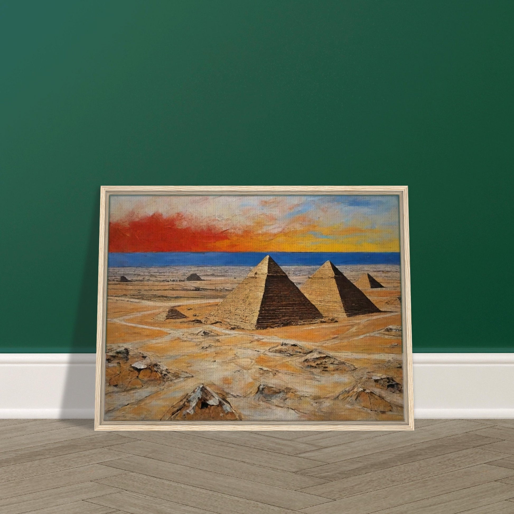 "A dramatic painting of the pyramids in Egypt, set against a vibrant sunset sky with rich shades of red, orange, and blue, highlighting the vast desert landscape."