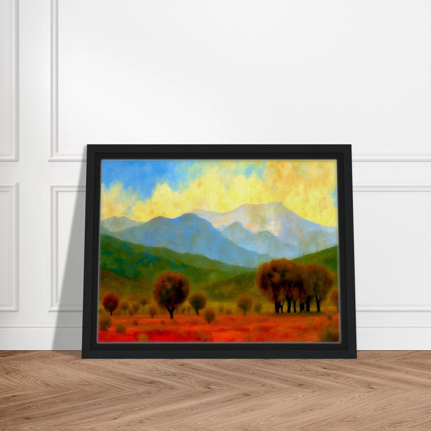 Warm autumn trees stretch across a fiery red field with misty blue mountains and a glowing yellow sky in the distance.