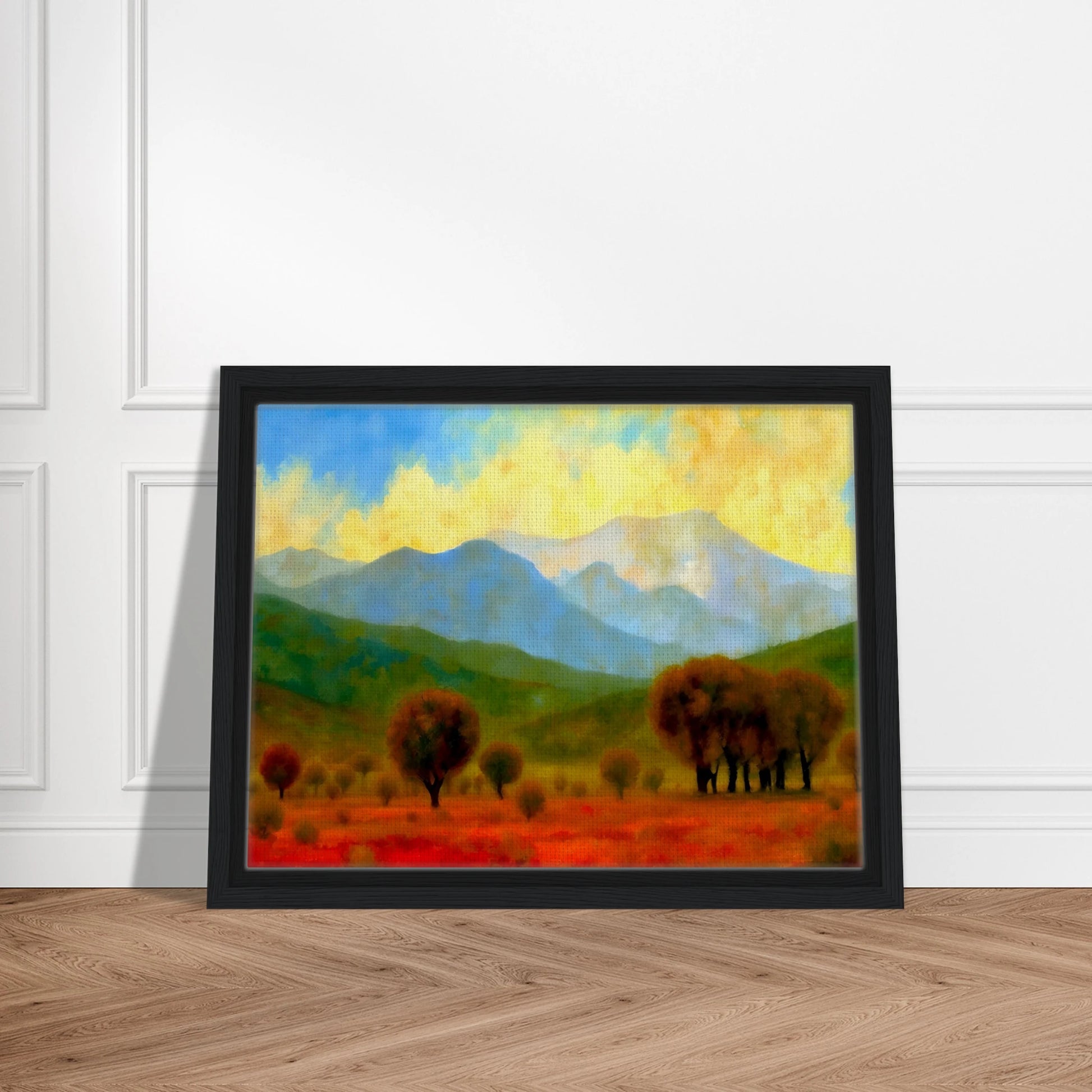 Warm autumn trees stretch across a fiery red field with misty blue mountains and a glowing yellow sky in the distance.