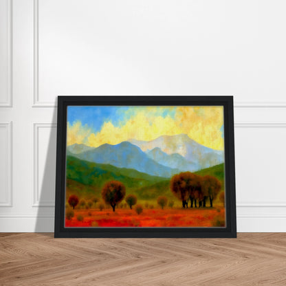 Warm autumn trees stretch across a fiery red field with misty blue mountains and a glowing yellow sky in the distance.