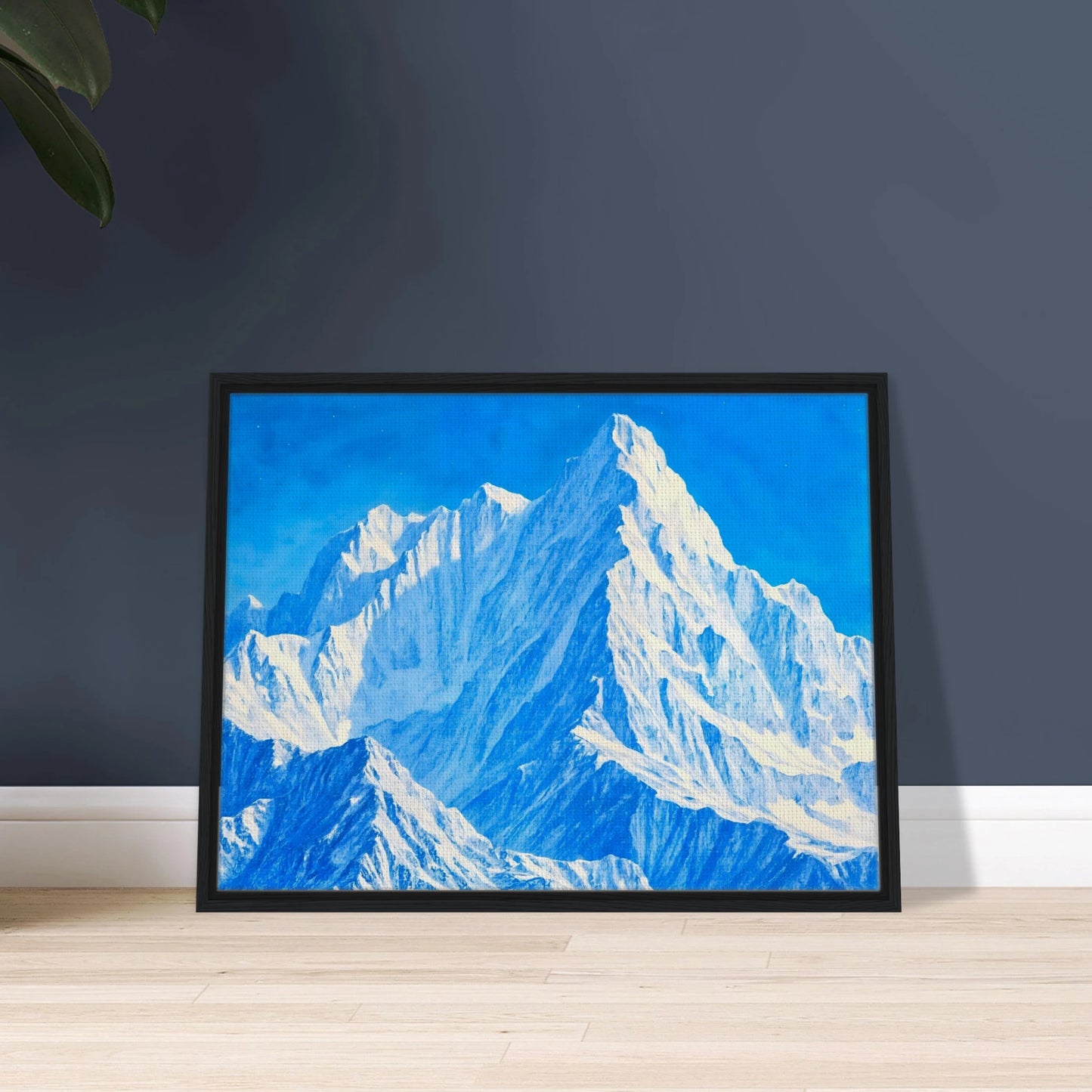 Towering icy mountain peaks glow in brilliant blues and whites beneath a crystal sky, evoking grandeur and stillness.