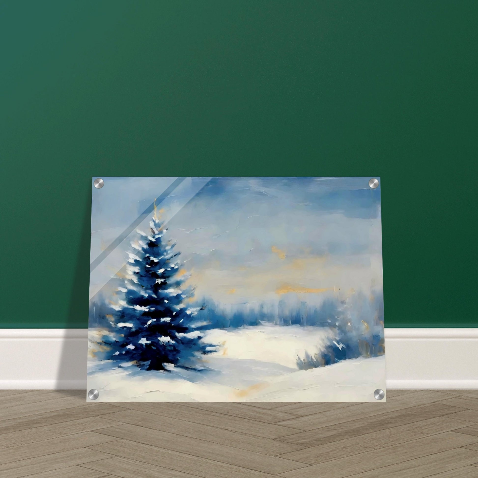 A peaceful winter landscape featuring a lone snow-covered pine tree in a vast snowy field, under a soft, hazy blue and golden sky.