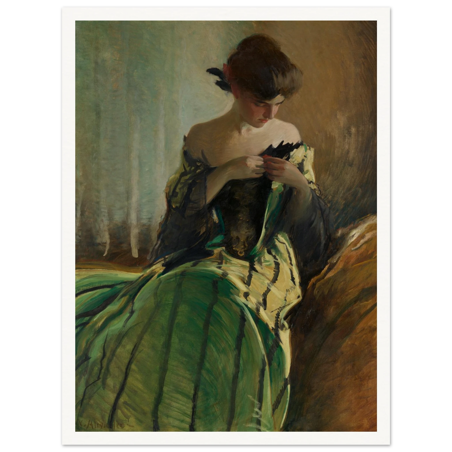 Woman in green and black evening gown pins a detail at her neckline against a muted background