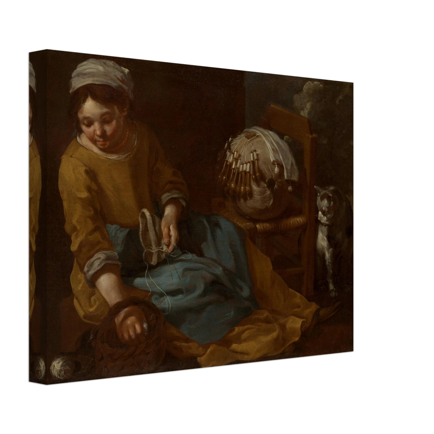Young lacemaker works beside a chair and watchful cat in a dim interior