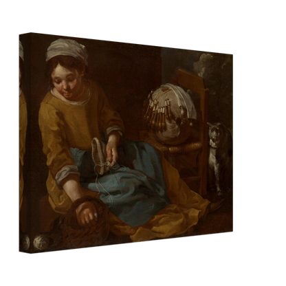 Young lacemaker works beside a chair and watchful cat in a dim interior