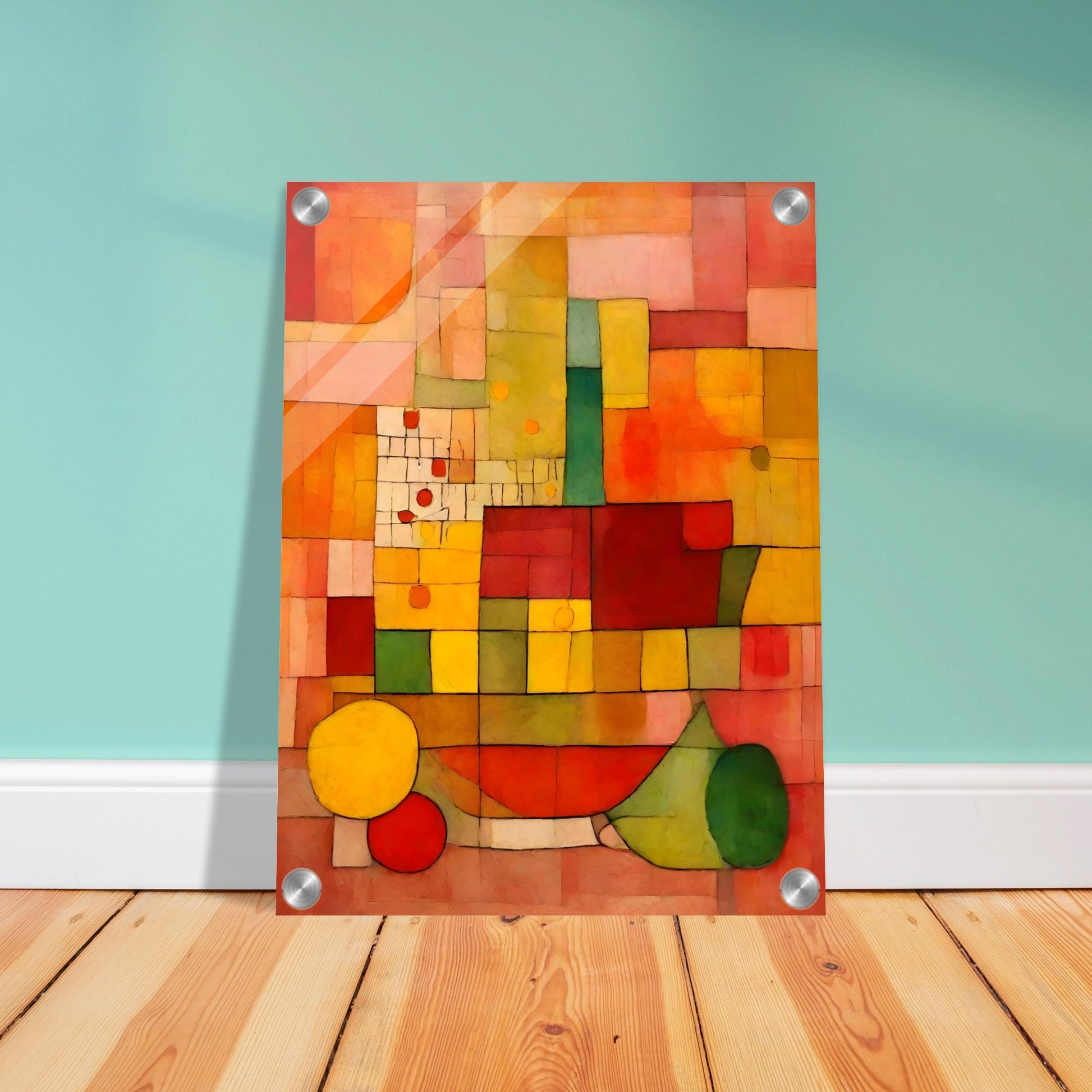 A warm-toned geometric composition with a grid of red, orange, yellow, and green shapes, creating a dynamic mosaic of color and texture.